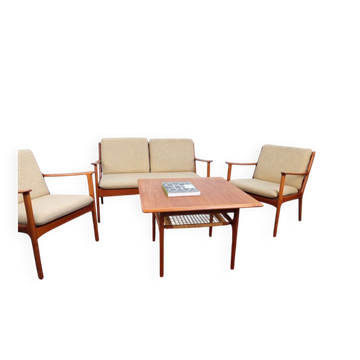 Mid-Century seating set by Ole Wanscher, comprising a Danish teak sofa and armchair from the PJ collection.