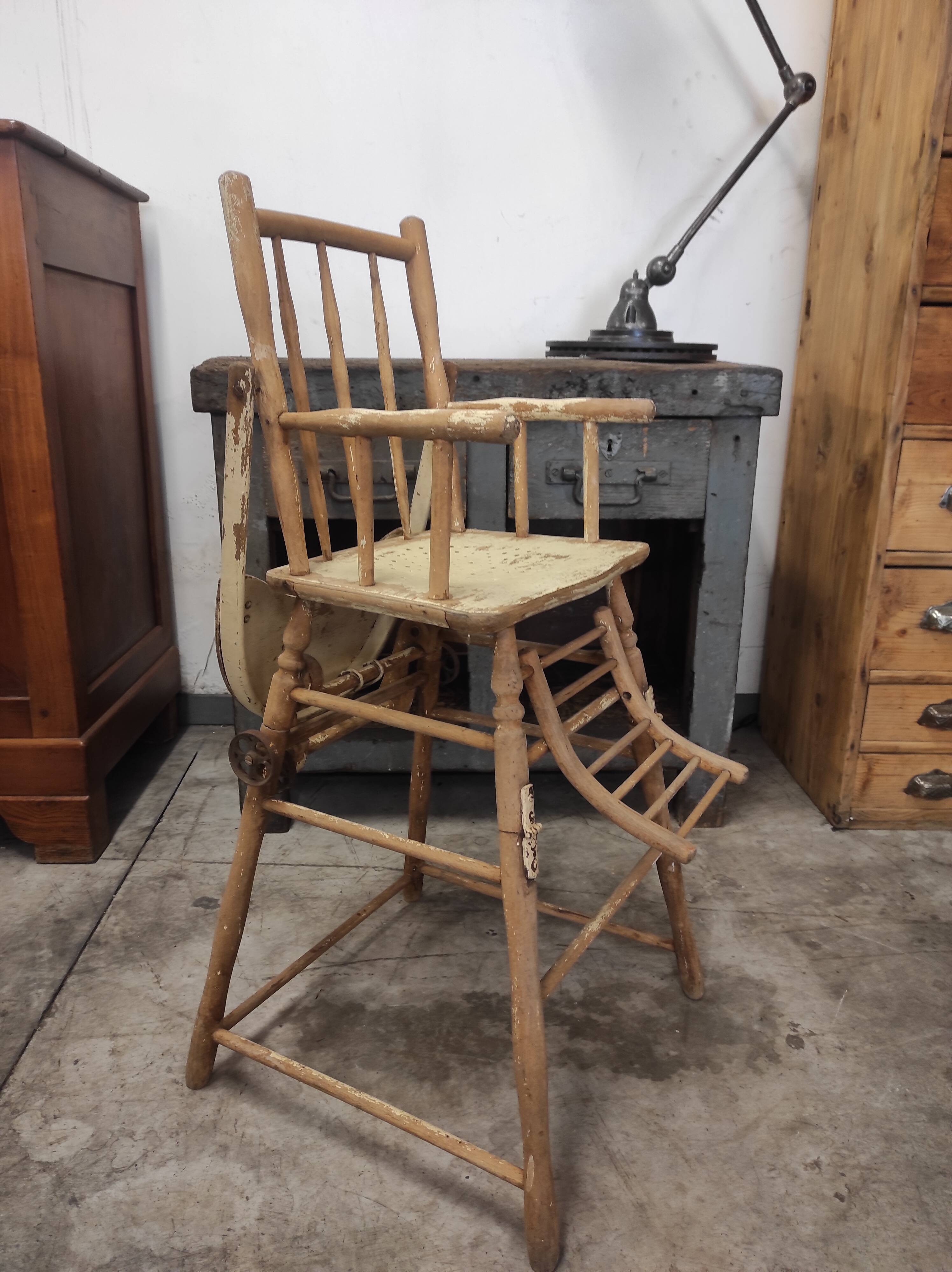 High chair retro baby old wood beech modular patinated white cream art deco dlg Baumann