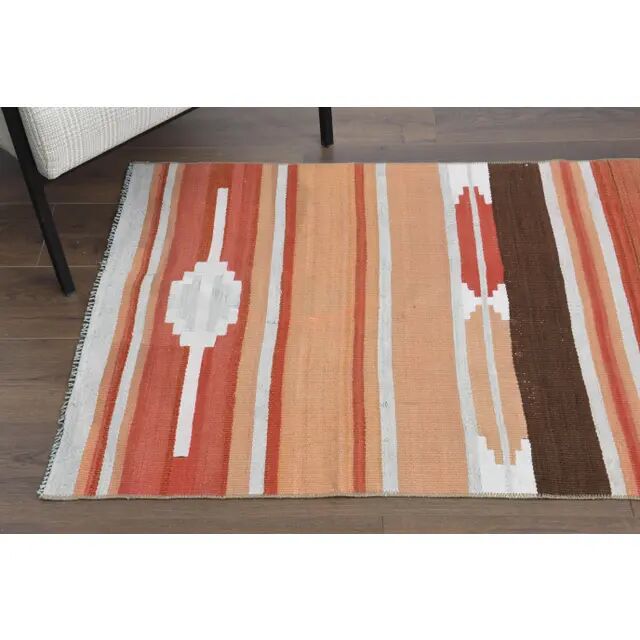 1970s Vintage Turkish Hand-Knotted Wool Cotton Orange Runner Rug 85389