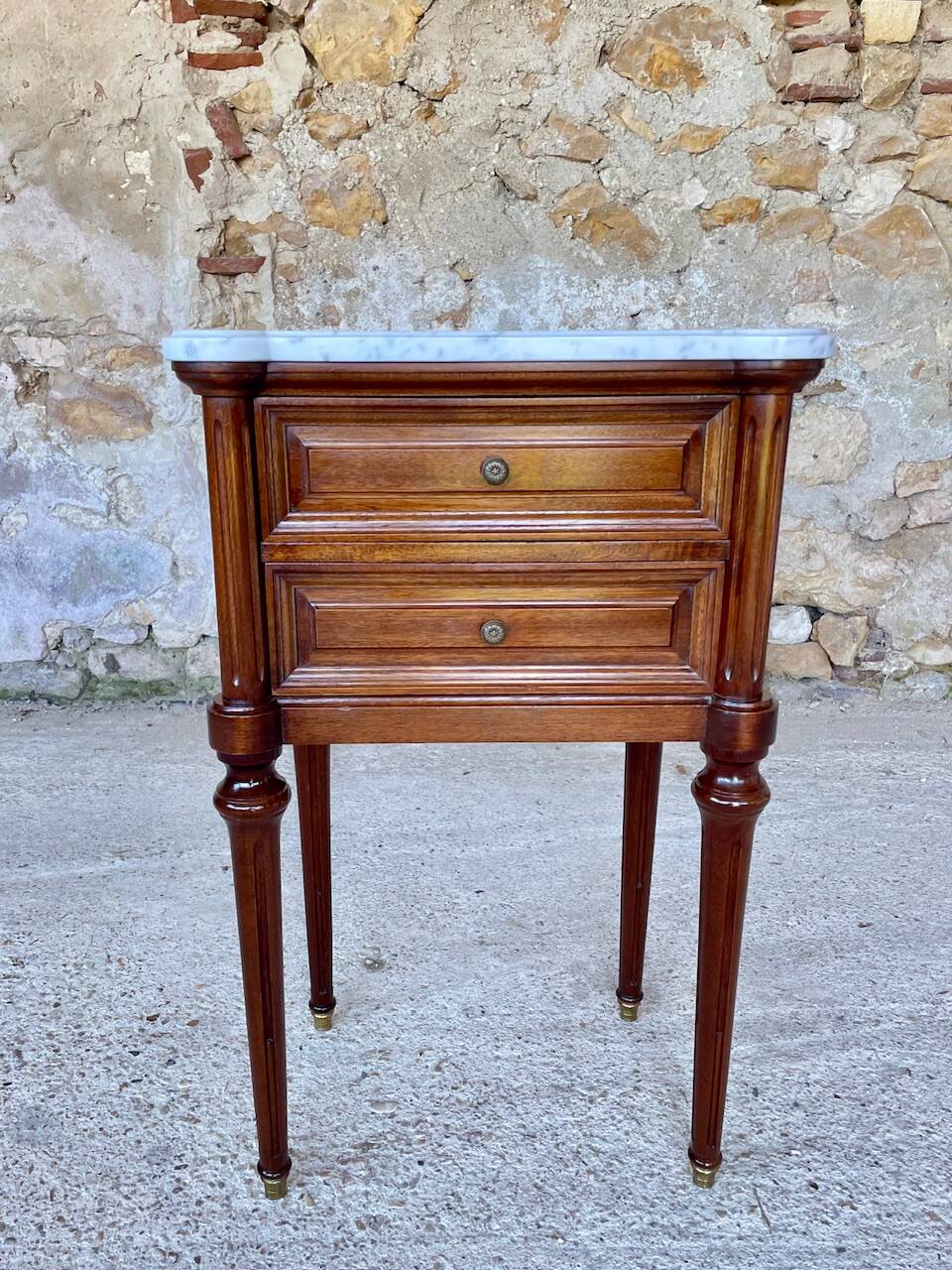 Louis XVI style bedside table, Carrara marble and mahogany
