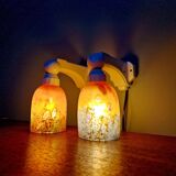 Pair of Art Deco wall sconces in multicoloured porcelain and frosted glass.