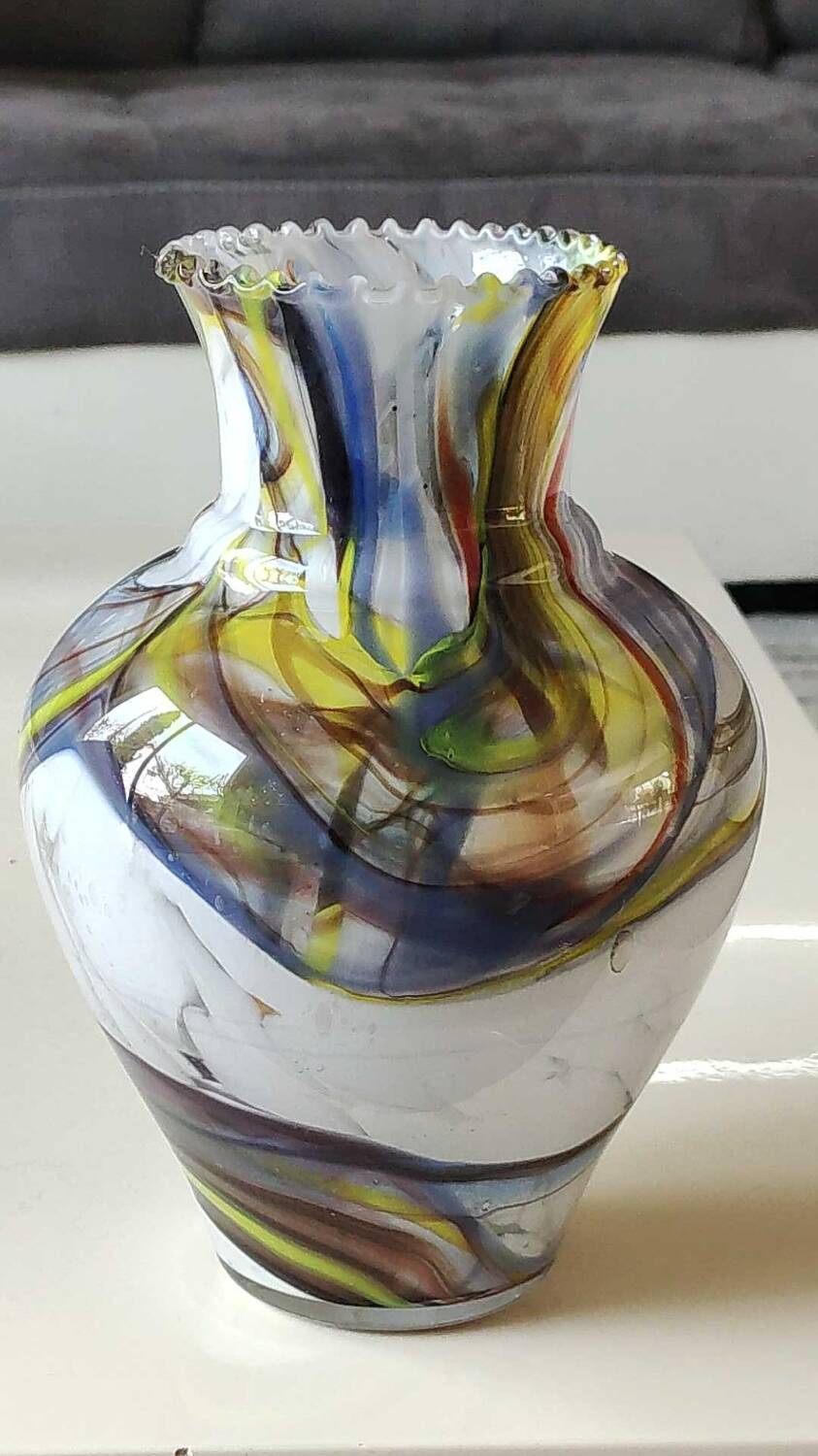 Blown Art glass ball vase from Murano/Italy. Decor swirls of smoke/polychrome waves. Dimensions 20 x 15 cm