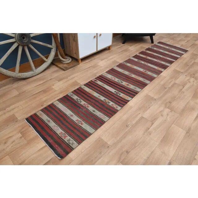 Turkish Vintage Kilim Oushak Handmade Woven Wool Runner Rug 73x350