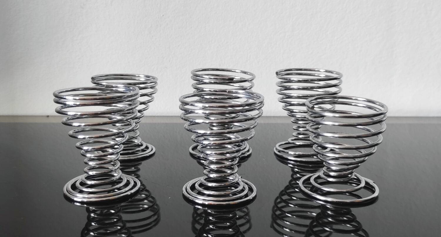 6 vintage chrome metal egg cups in spiral shape, 1970s
