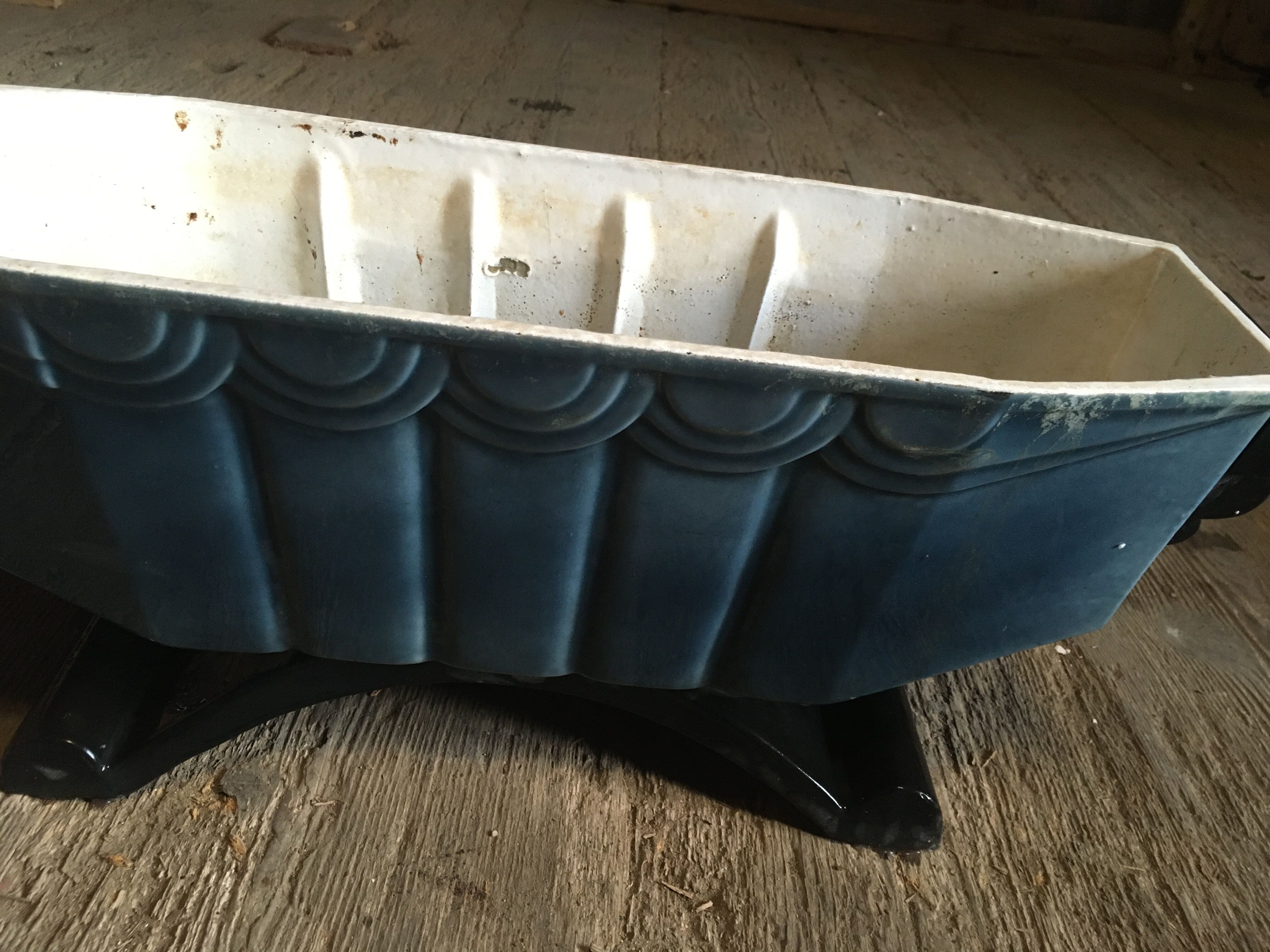 blue enamelled cast iron flower tray