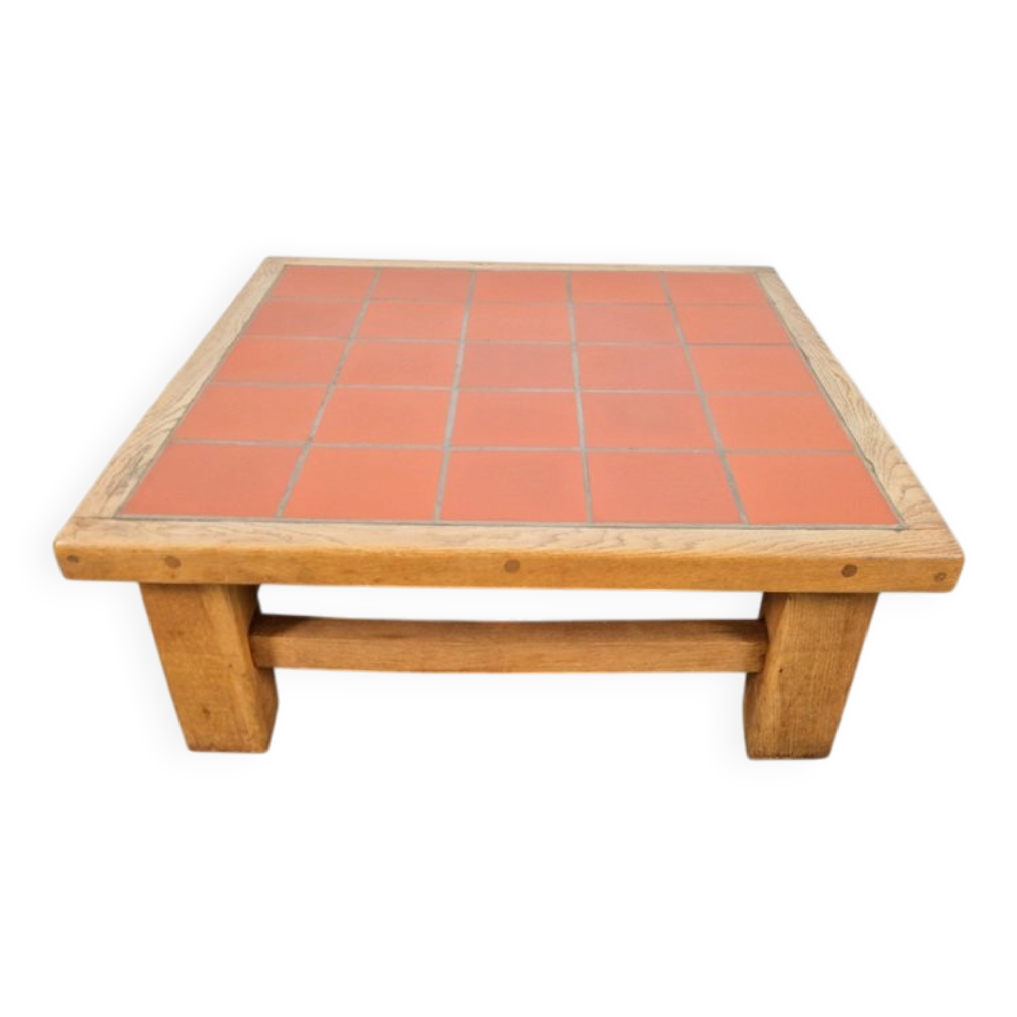 Brutalist Oak Coffee Table with Terracotta Tiles, 1950s
