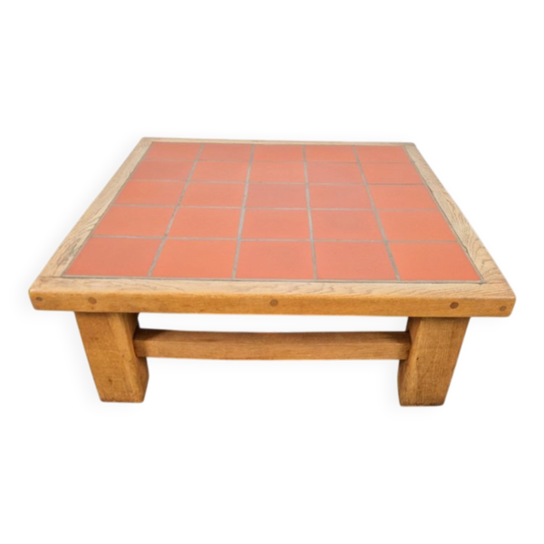 Table basse en chêne brutaliste avec carreaux en terre cuite, années 1950