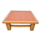 Table basse en chêne brutaliste avec carreaux en terre cuite, années 1950