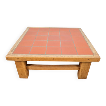 Brutalist Oak Coffee Table with Terracotta Tiles, 1950s