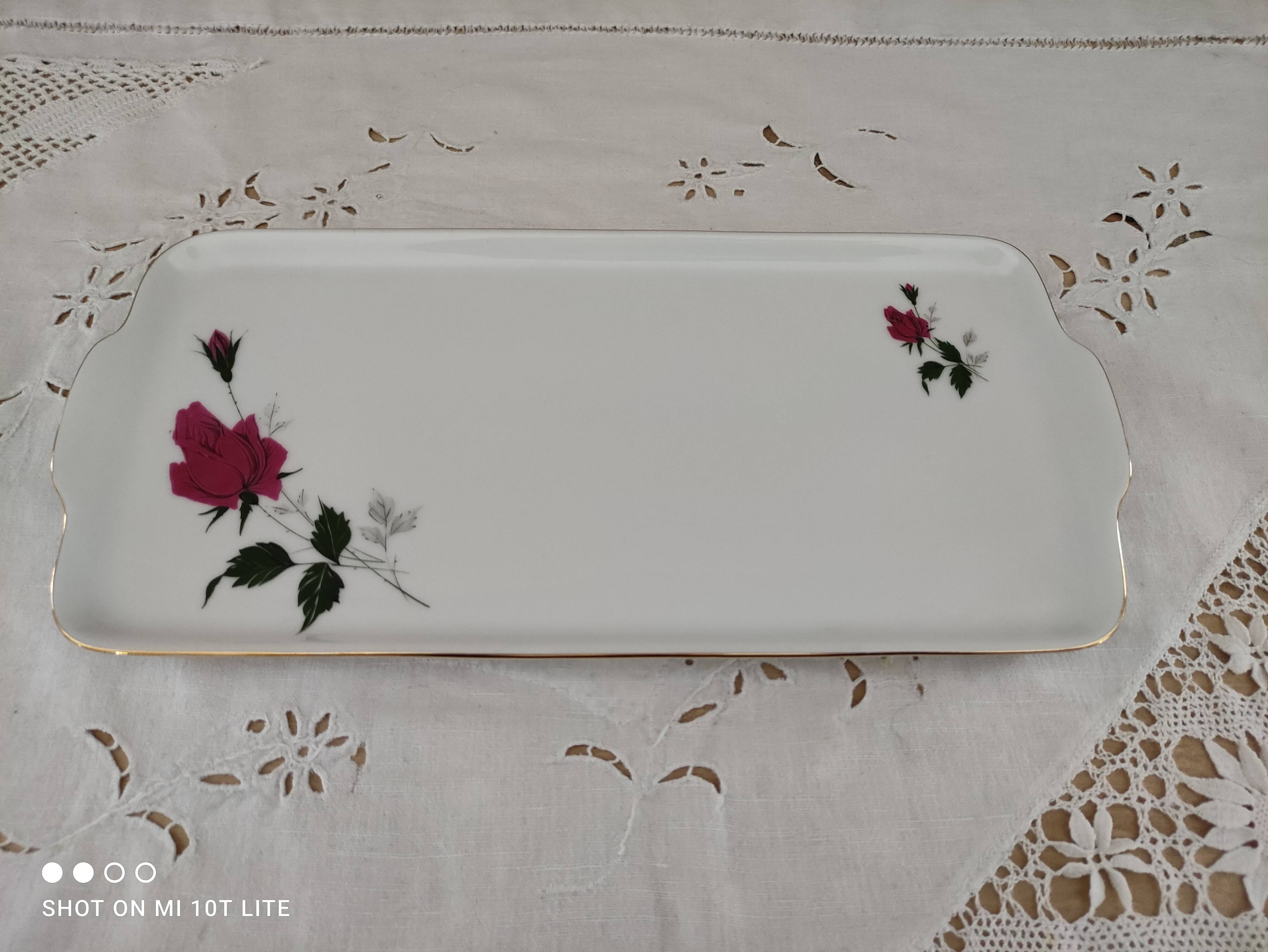 Porcelain ear cake dish Bavaria white décor roses fushia bordered gold