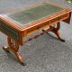 Victorian extendable coffee table in solid mahogany wood and green leather