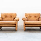 Pair of armchairs with cognac-colored pouf, "Coronado" model by Afra & Tobia scarpa for B&B It