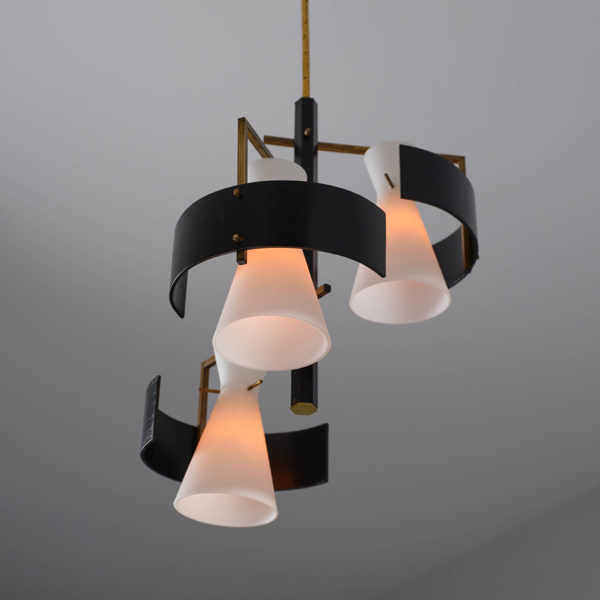 1950s Italian Brass & Black-Lacquered Chandelier with Opaline Glass Shades