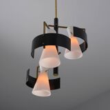 1950s Italian Brass & Black-Lacquered Chandelier with Opaline Glass Shades