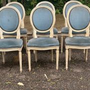 6 Louis XVI medallion chairs in beige wood and blue fabric from the 18th century.
