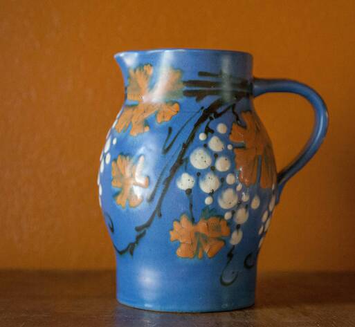 vintage ceramic pitcher, blue ceramic jug, carafe