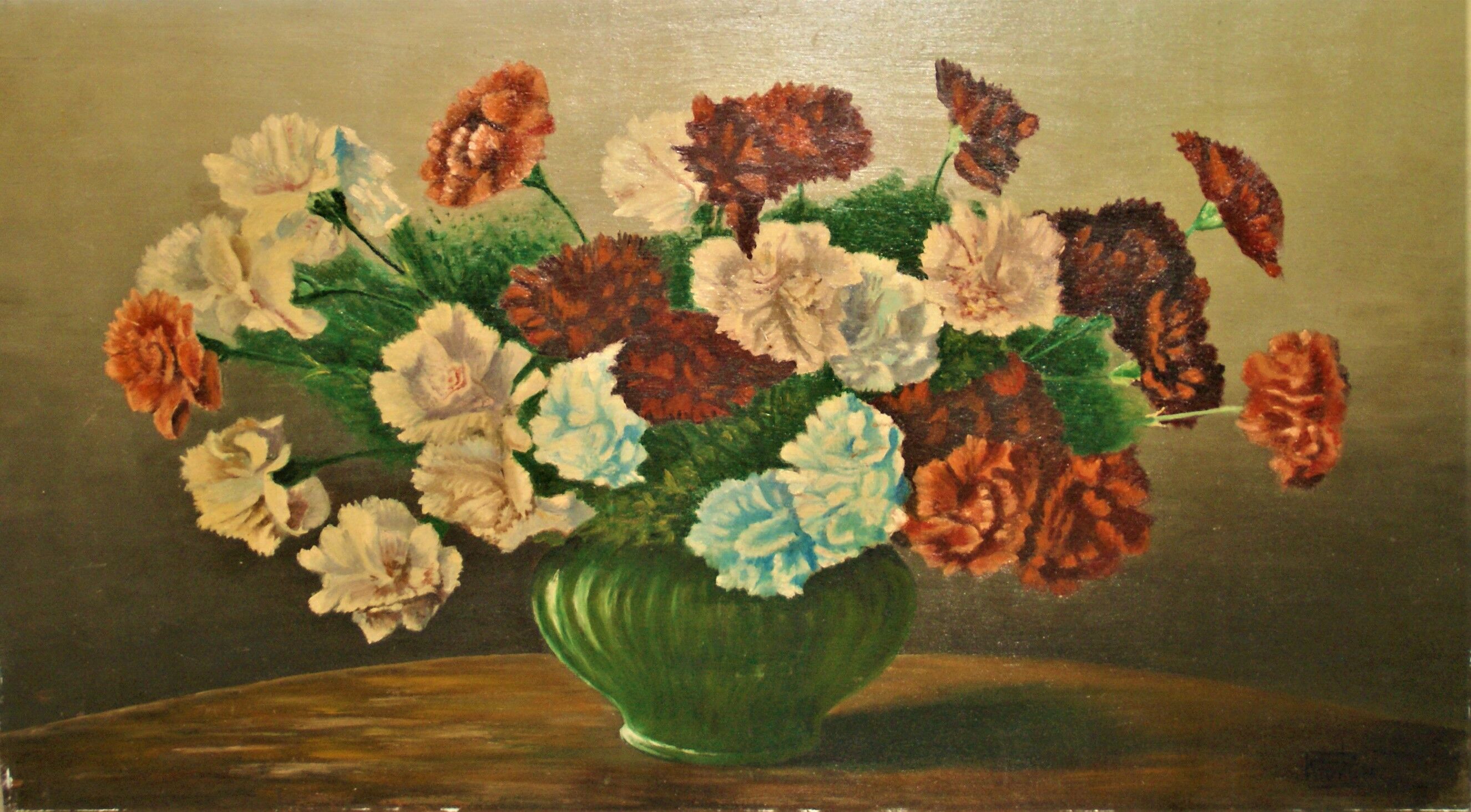 Oil on panel bouquet of carnations signed