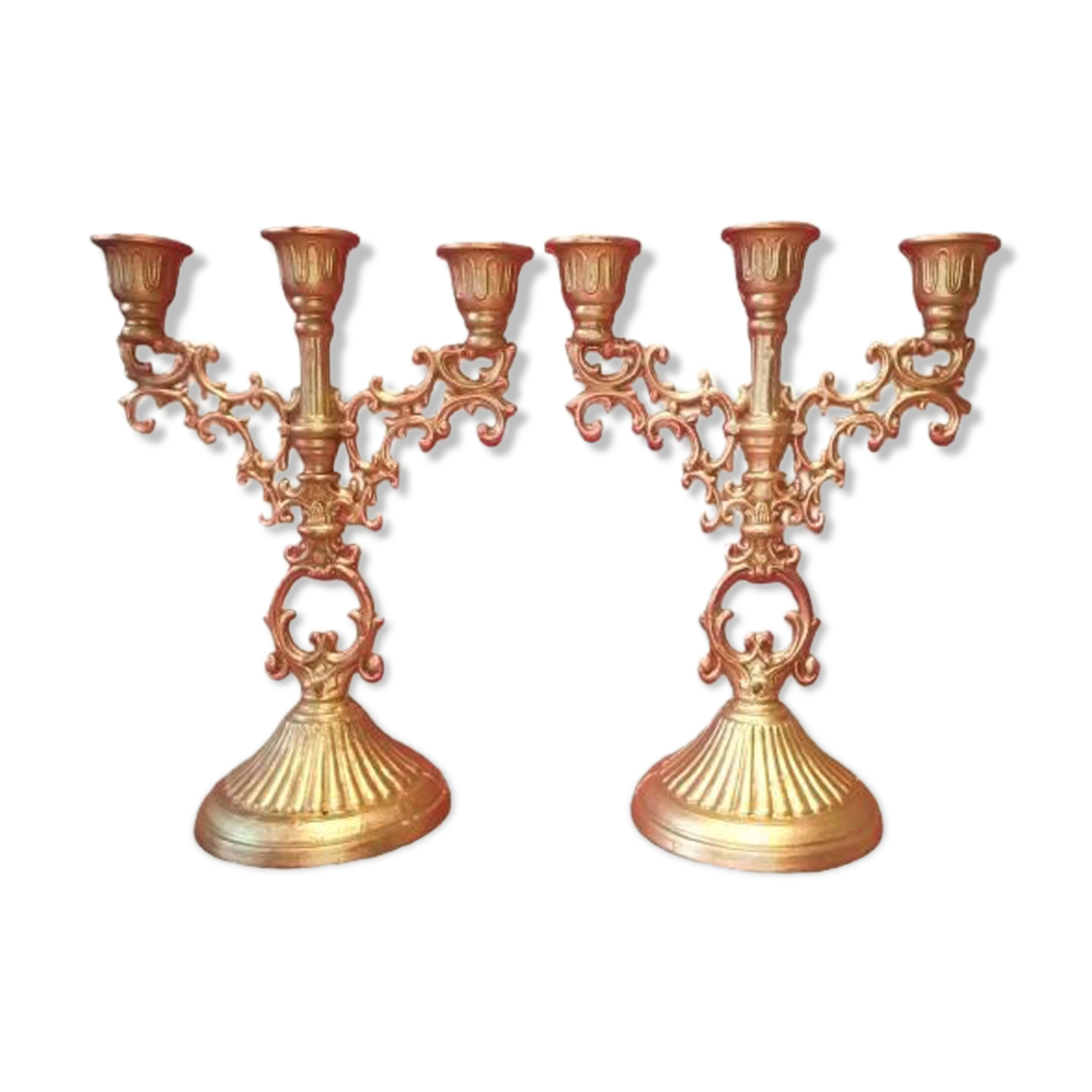 Pair of candlesticks three fires art deco agad - golden metal