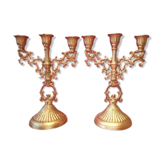 Pair of candlesticks three fires art deco agad - golden metal