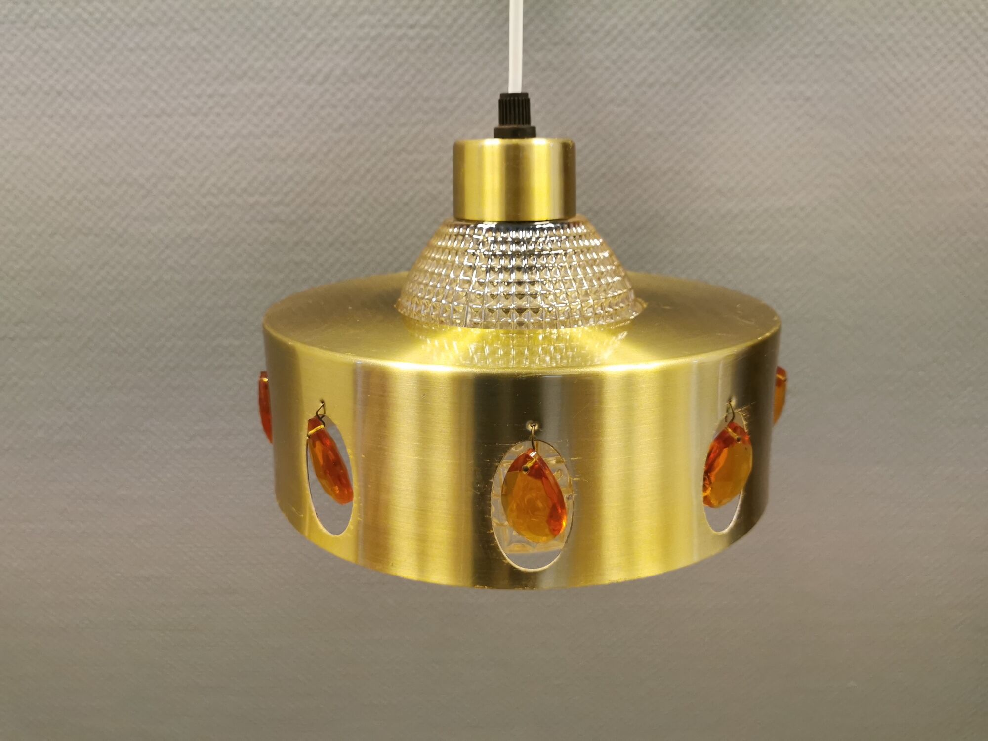 Danish hanging lamp made of glass, metal and with colored prisms