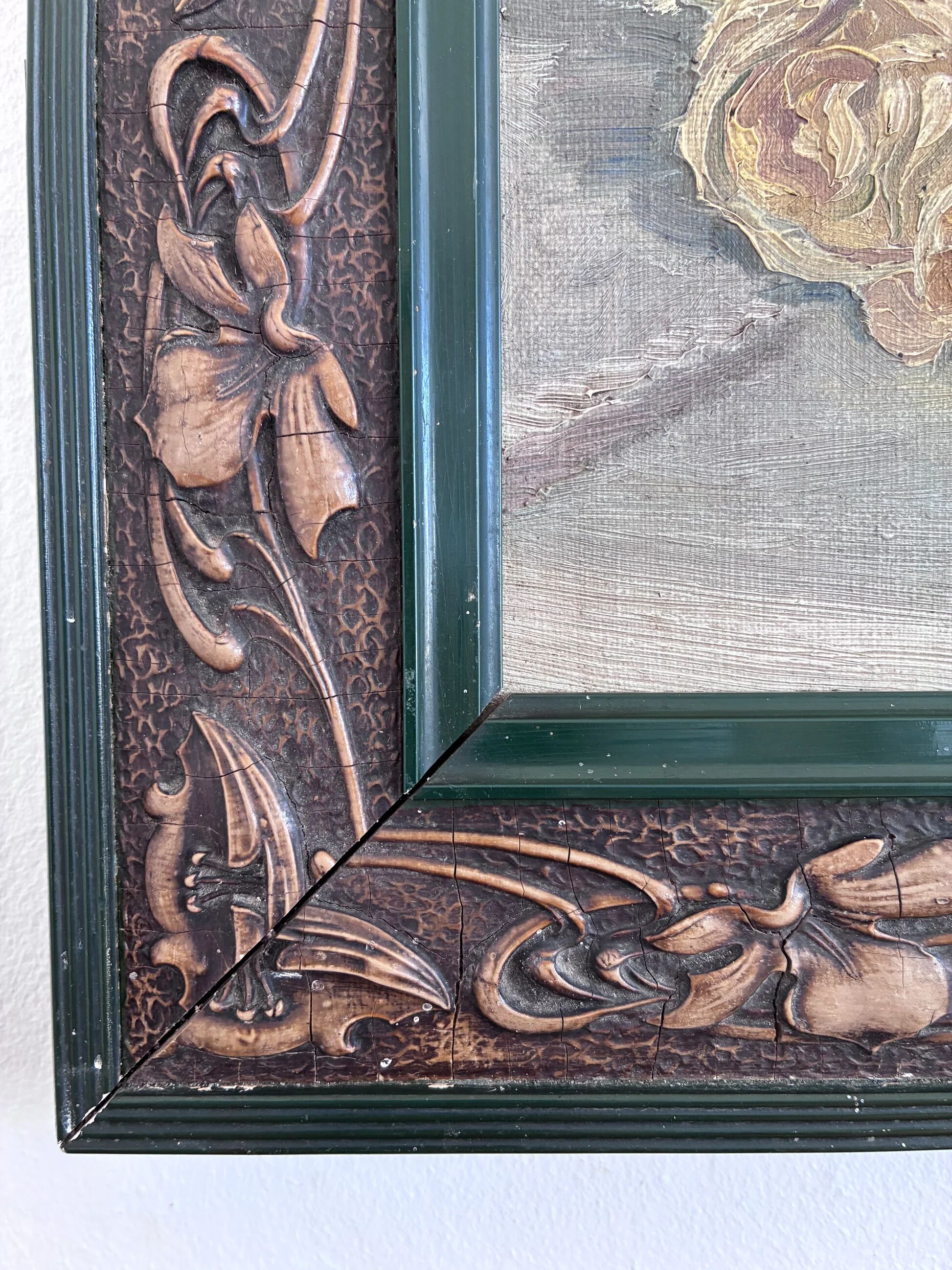 Antique original flower oil painting, yellow roses still life art