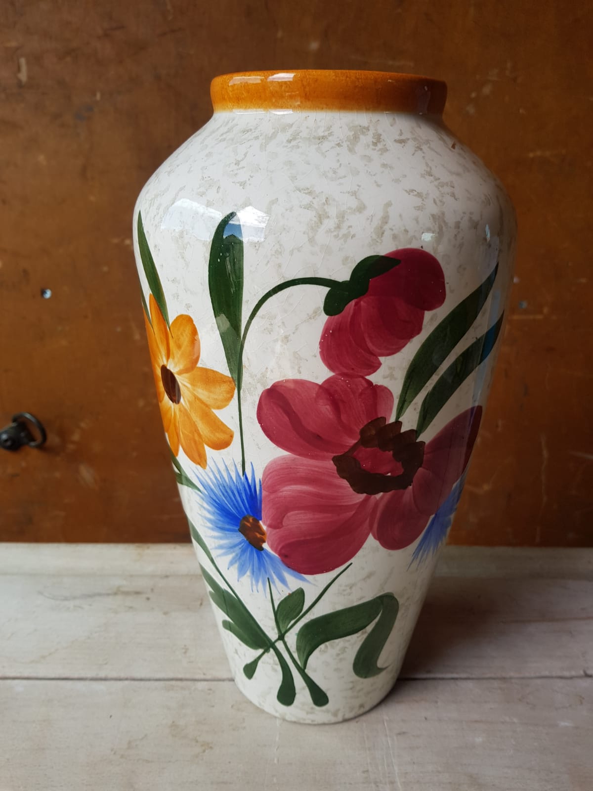 Ancien vase céramique décor de fleurs années 70 vintage