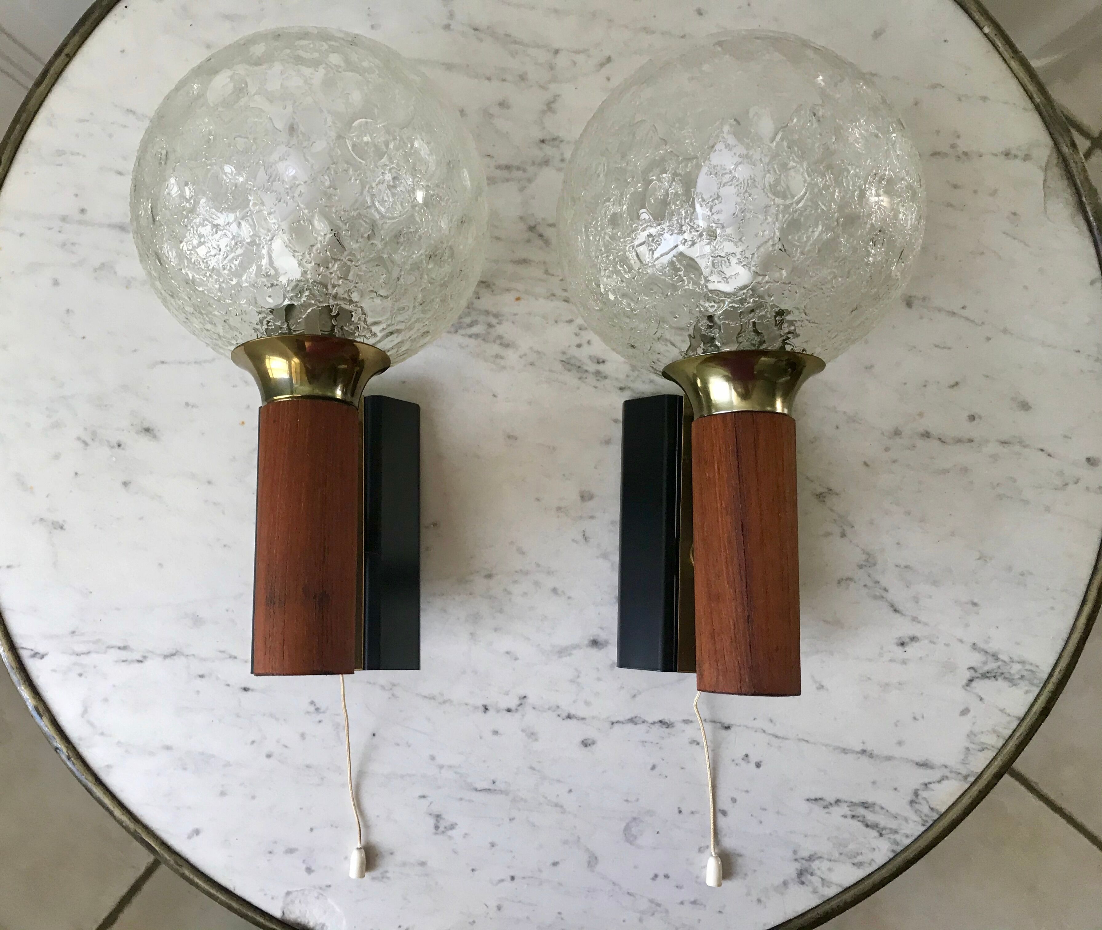 Pair of wall sconces balls in blown glass, metal and teak style 50s