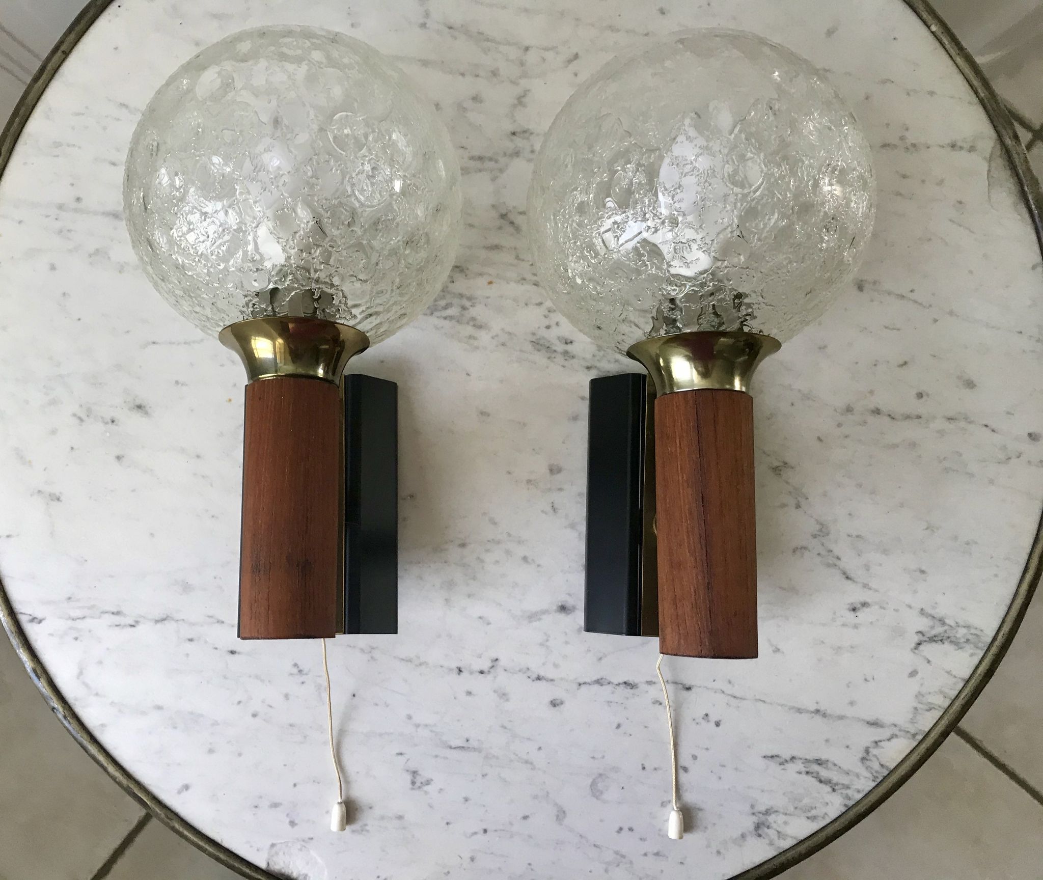 Pair of wall sconces balls in blown glass, metal and teak style 50s