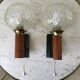 Pair of wall sconces balls in blown glass, metal and teak style 50s