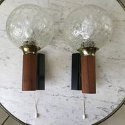 Pair of wall sconces balls in blown glass, metal and teak style 50s