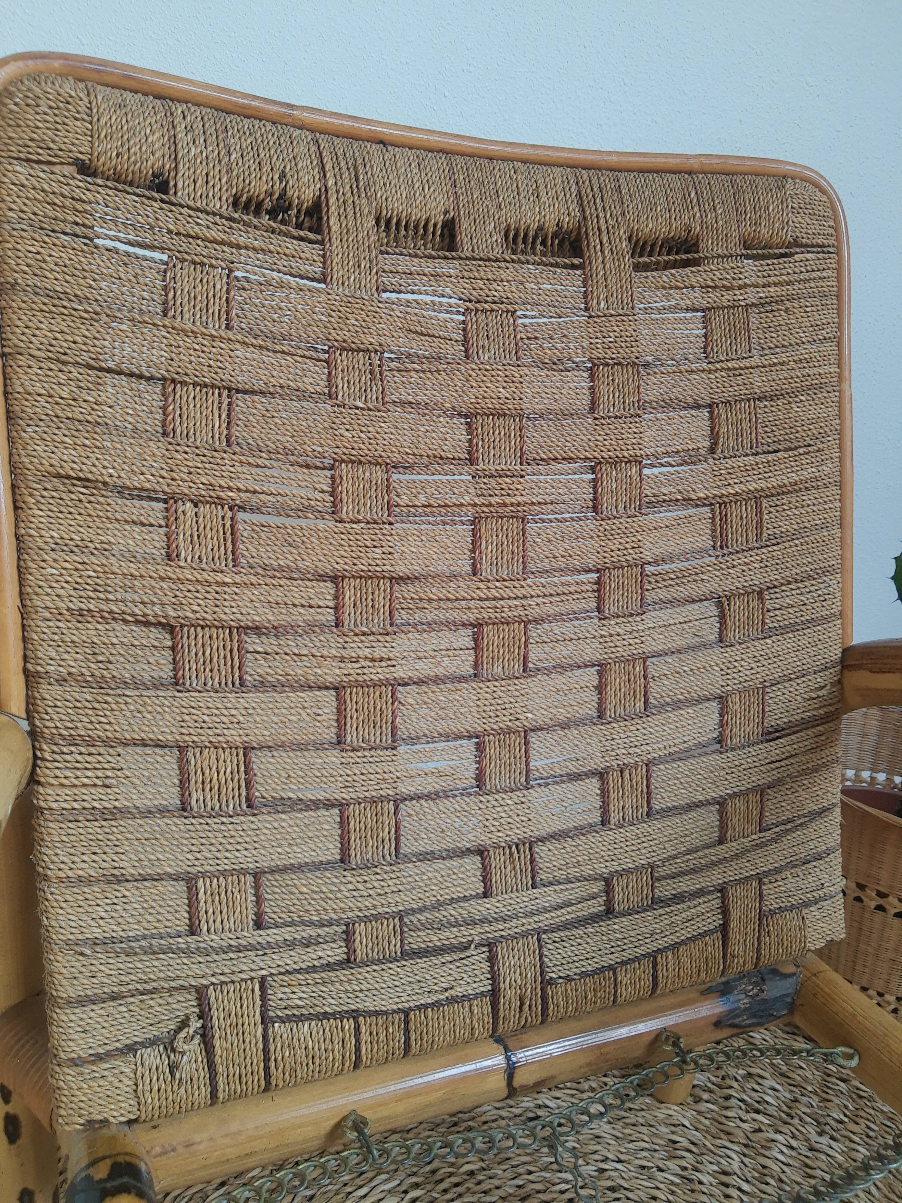 Vintage rattan and braided rope armchair