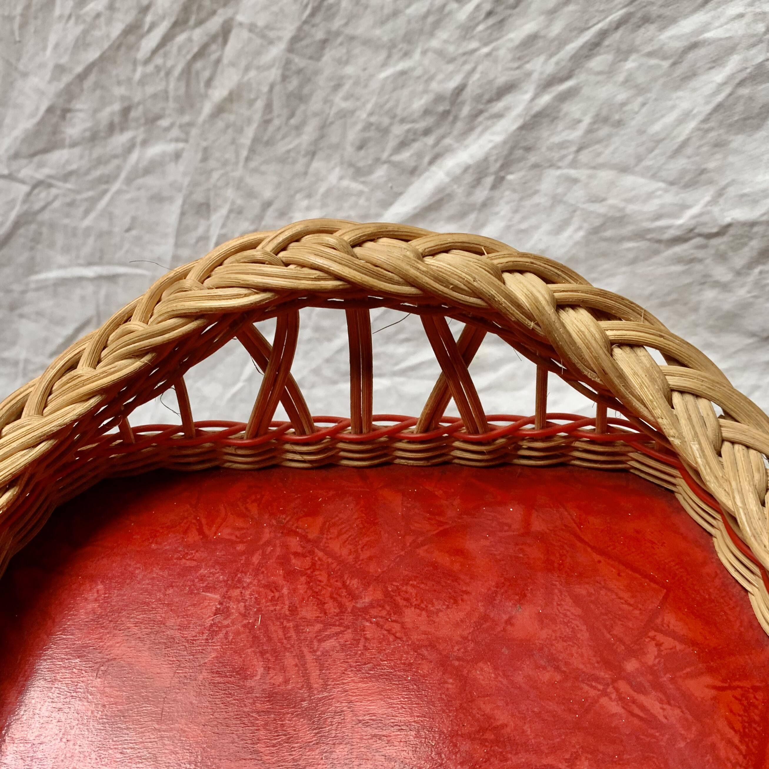 Vintage rattan tray, red Formica and scoubidou