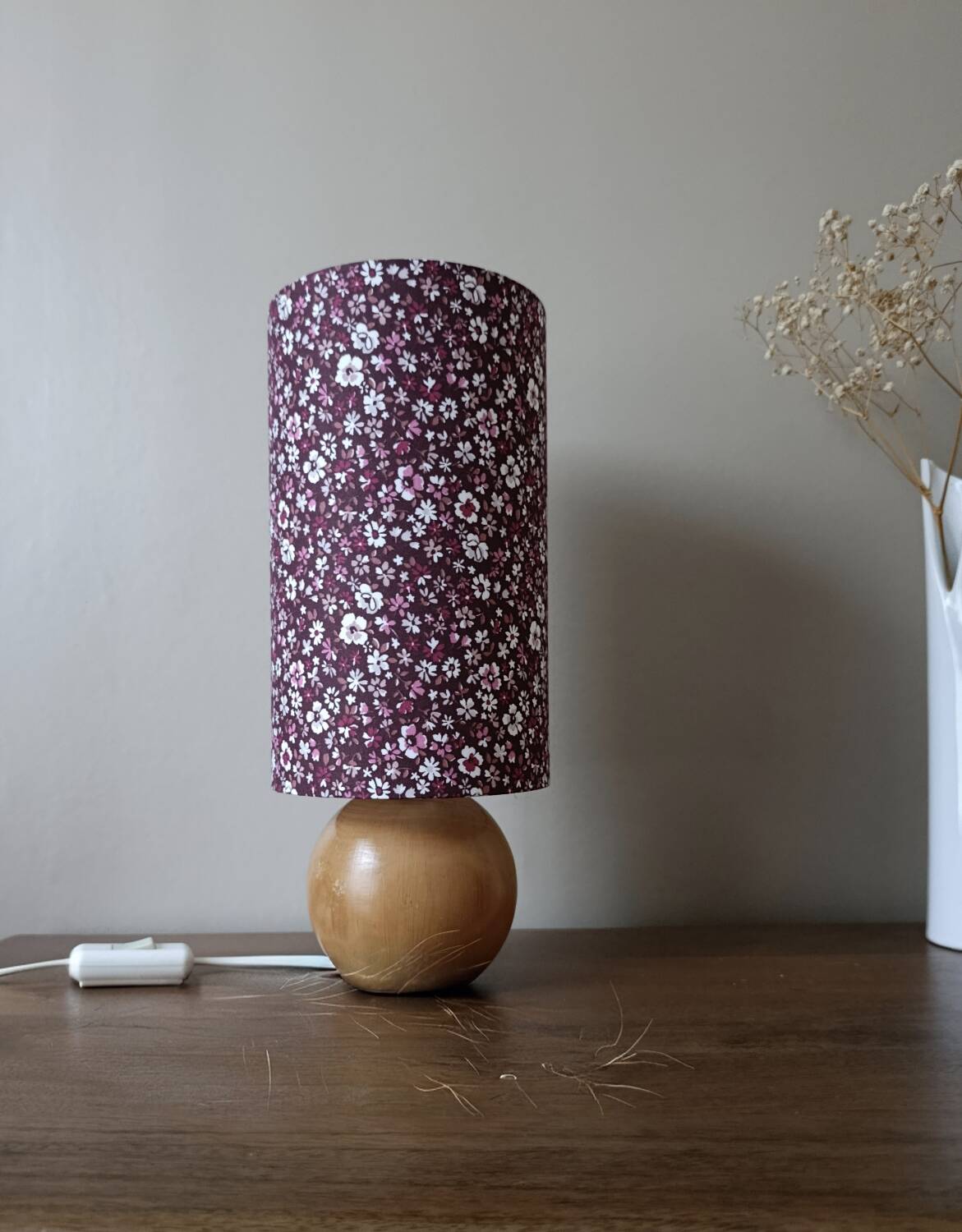 vintage round wooden lamp, lampshade with small Liberty flowers