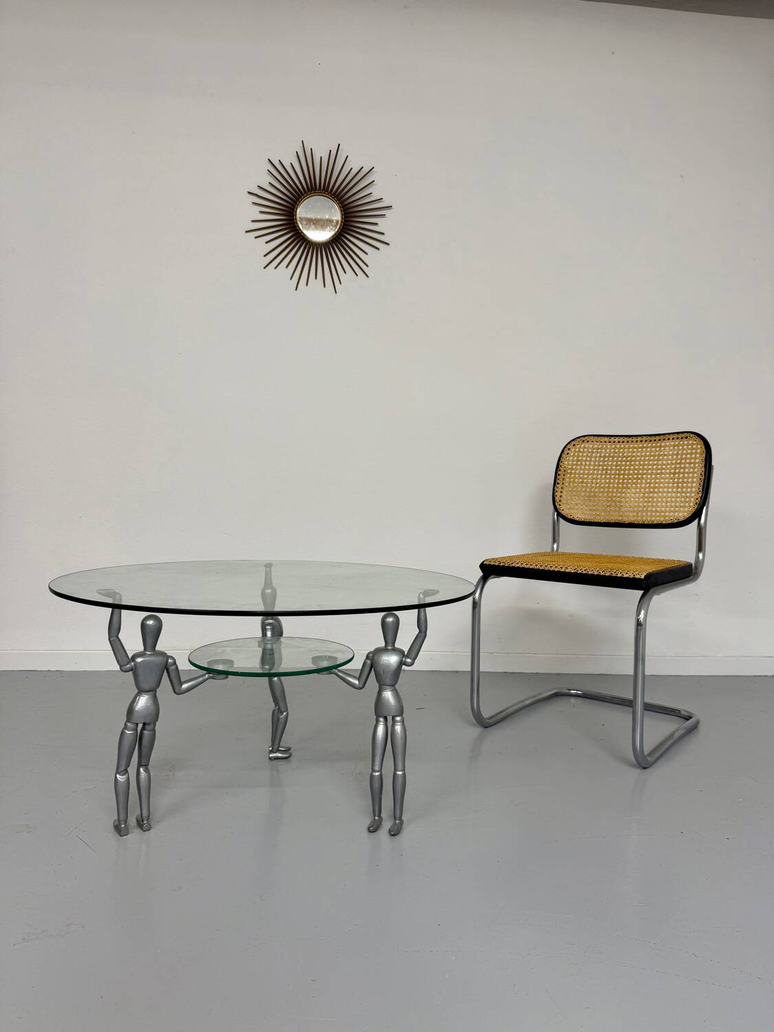 80s design glass and metal coffee table with vintage metal characters