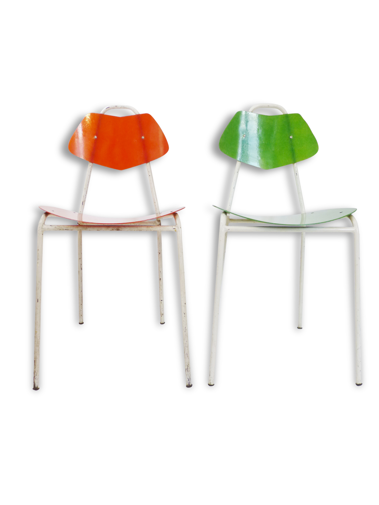 Pair of fiberglass and metal 1950 vintage chairs: french work of the 1950s