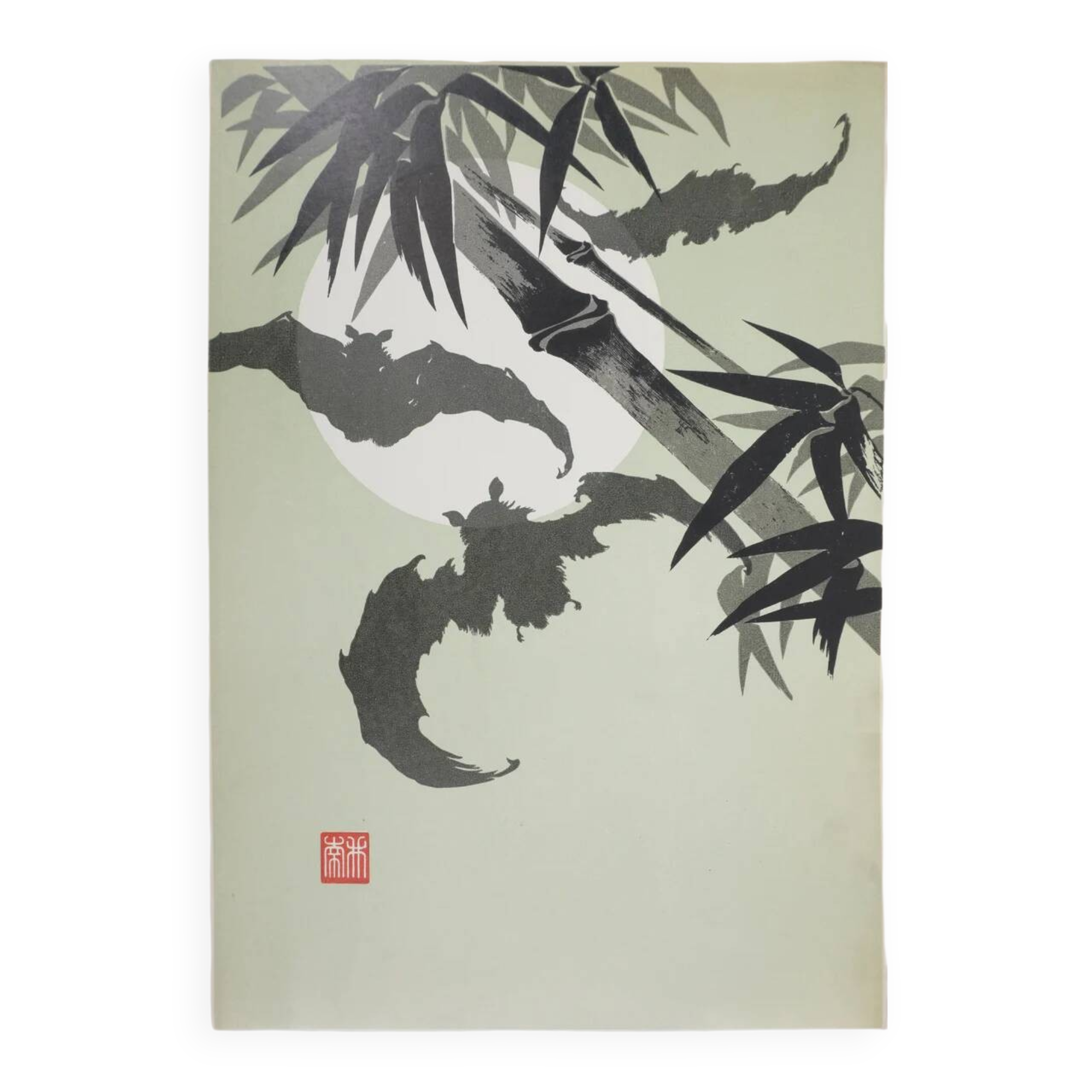 Mokuchu Urushibara: Japanese print, The Bats (green and white), signed woodblock print.