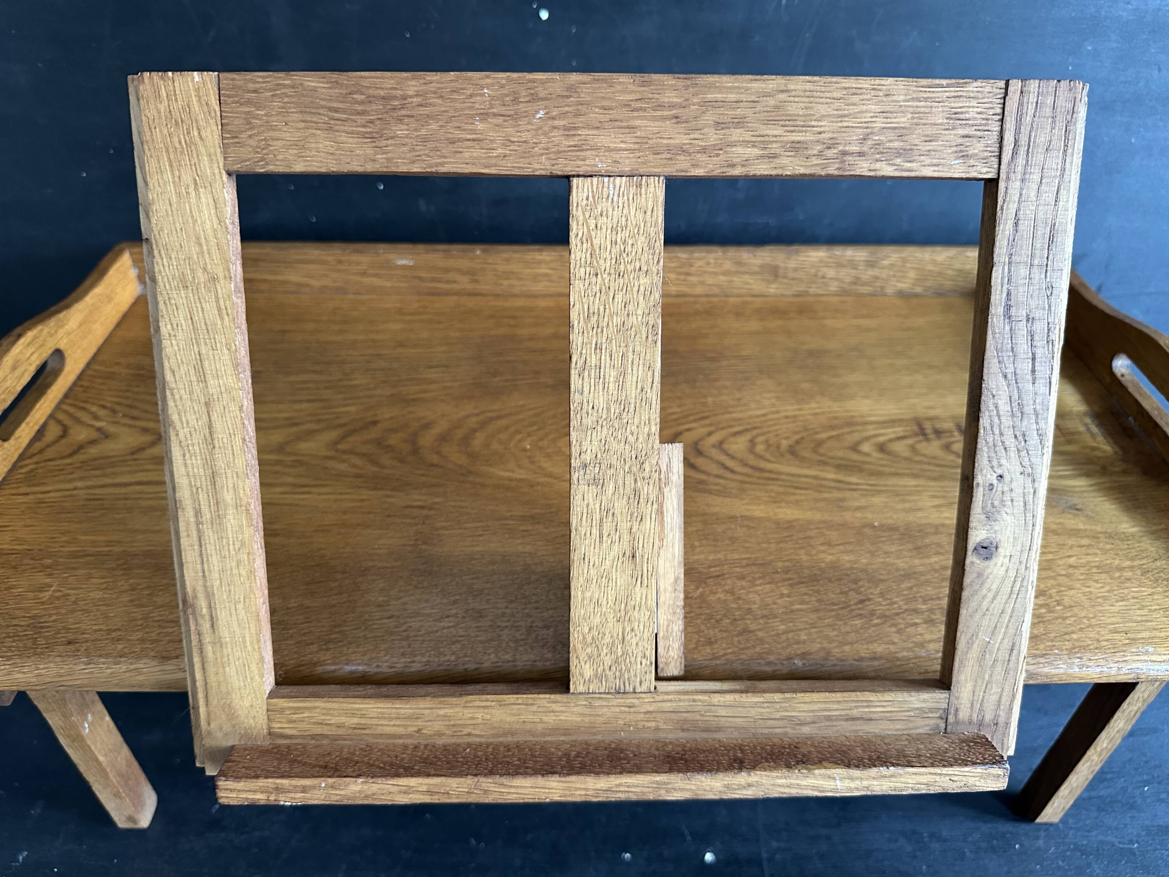 Manufrance wooden bedside table, folding tray with book holder.