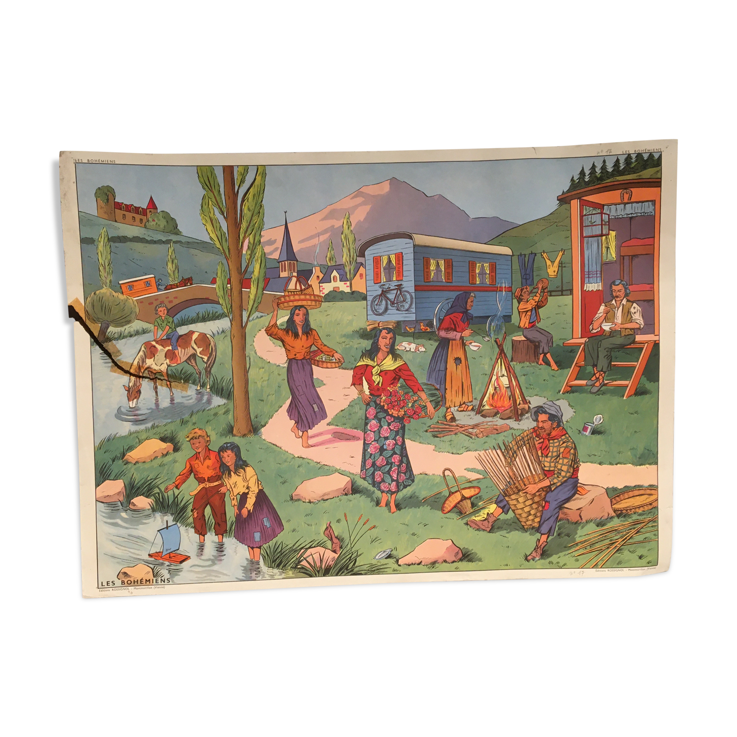 Affiche scolaire école vintage scène de vie recto « Les bohémiens" verso "Vacances au bord de la mer" pour Rossignol années 50