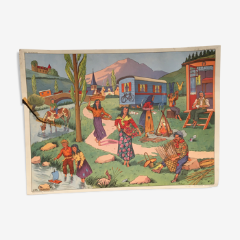 School poster vintage scene of life front "The gypsies" verso "Holidays by the sea" for Rossignol 50s