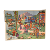 Affiche scolaire école vintage scène de vie recto « Les bohémiens" verso "Vacances au bord de la mer" pour Rossignol années 50
