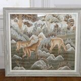 Important Indochinese silk embroidered hanging, Deer in the forest, circa 1940