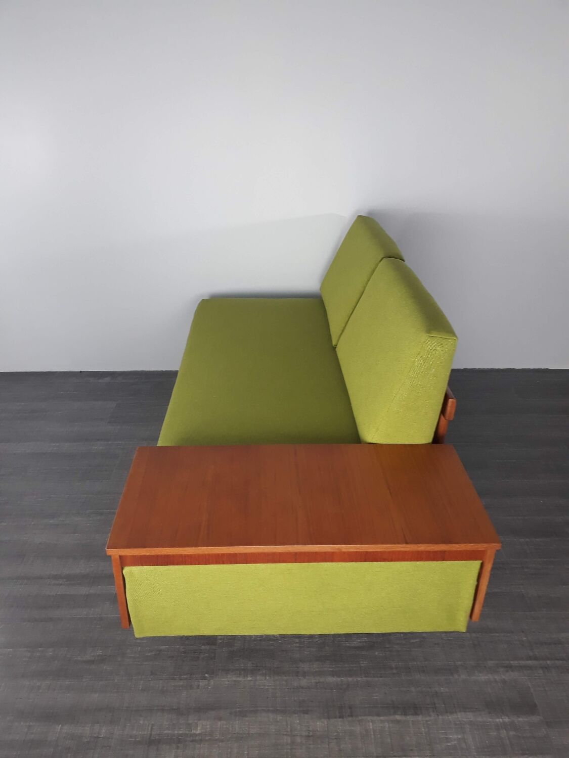 Canapé daybed teck et tissu vert olive, design Ingmar Relling édition Ekornes, 1960s