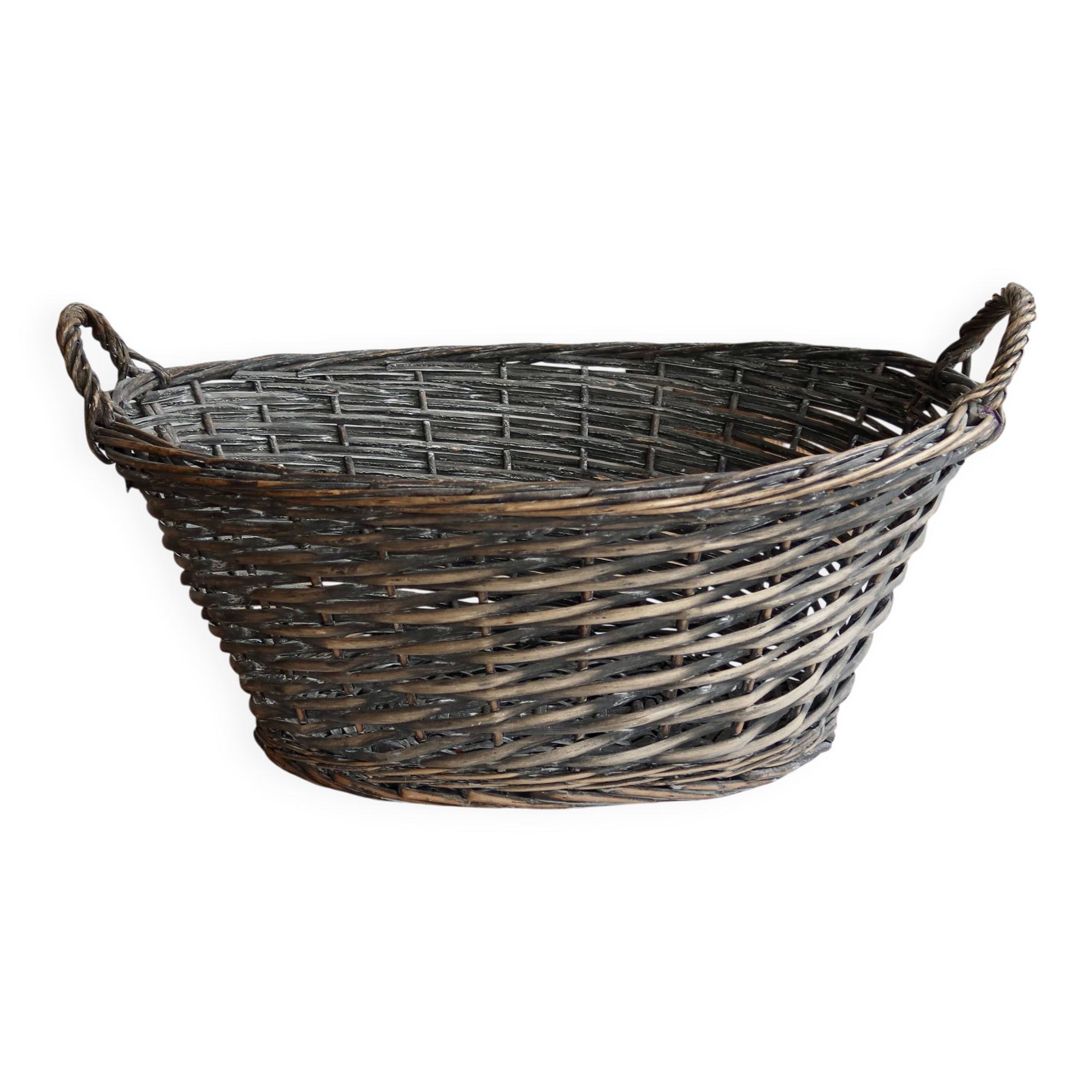 Grand panier vintage en osier tressé à doubles anses