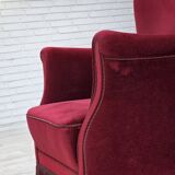 1970s, Danish armchair, cherry-red furniture velour, oak wood legs.