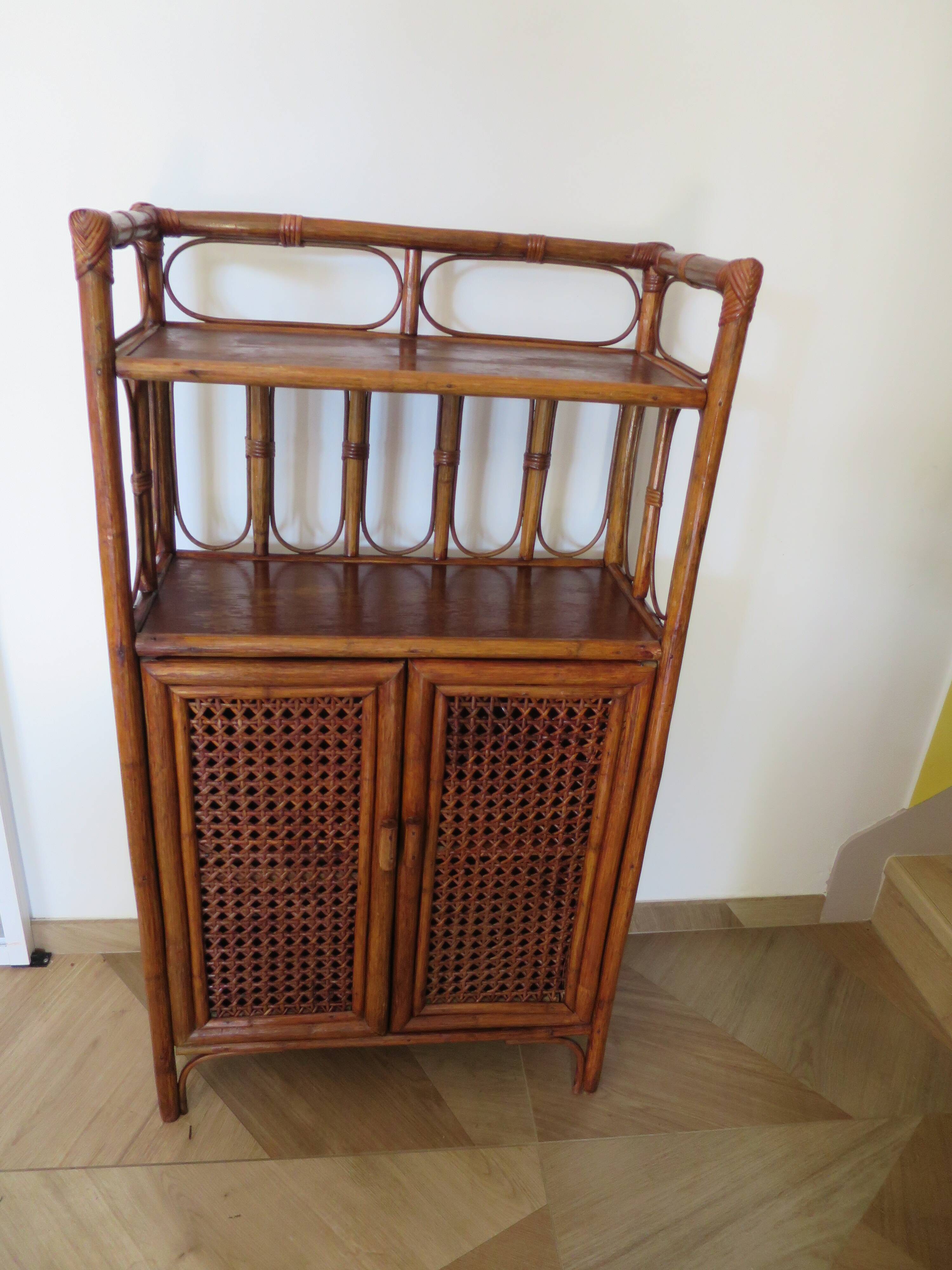 Retro-modernist - Sideboard-bookcase-2 doors-wood-rattan-cane-1960s