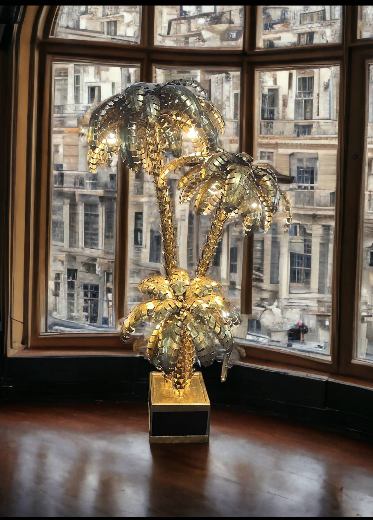 Lampadaire en forme de palmier a 3 branches en métal doré