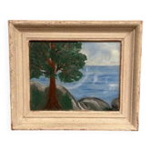 Huile sur panneau "Arbre" de style mi-siècle par inconnu, vintage et encadrée 34 × 29 cm