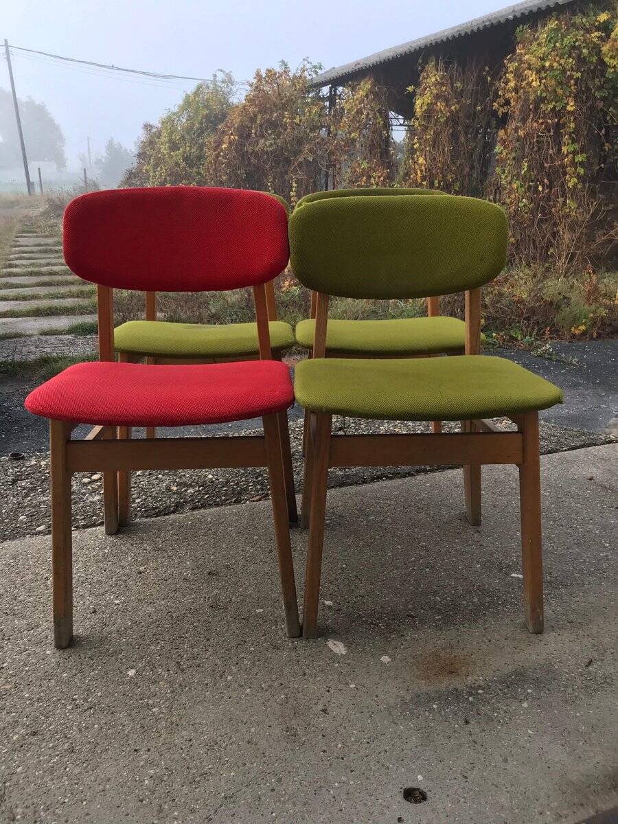 Set of 4 multicoloured wooden office chairs from the 1960s, Mid-Century style, with upholstered seats.