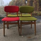 Set of 4 multicoloured wooden office chairs from the 1960s, Mid-Century style, with upholstered seats.