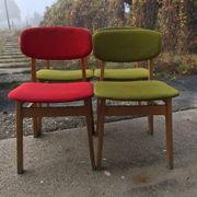 Set of 4 multicoloured wooden office chairs from the 1960s, Mid-Century style, with upholstered seats.